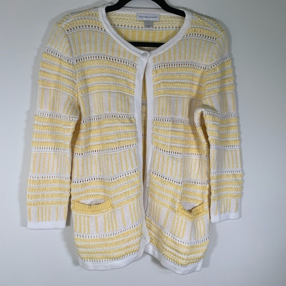 Christopher & Banks Cardigan Women’s Small Yellow White Knit Sweater